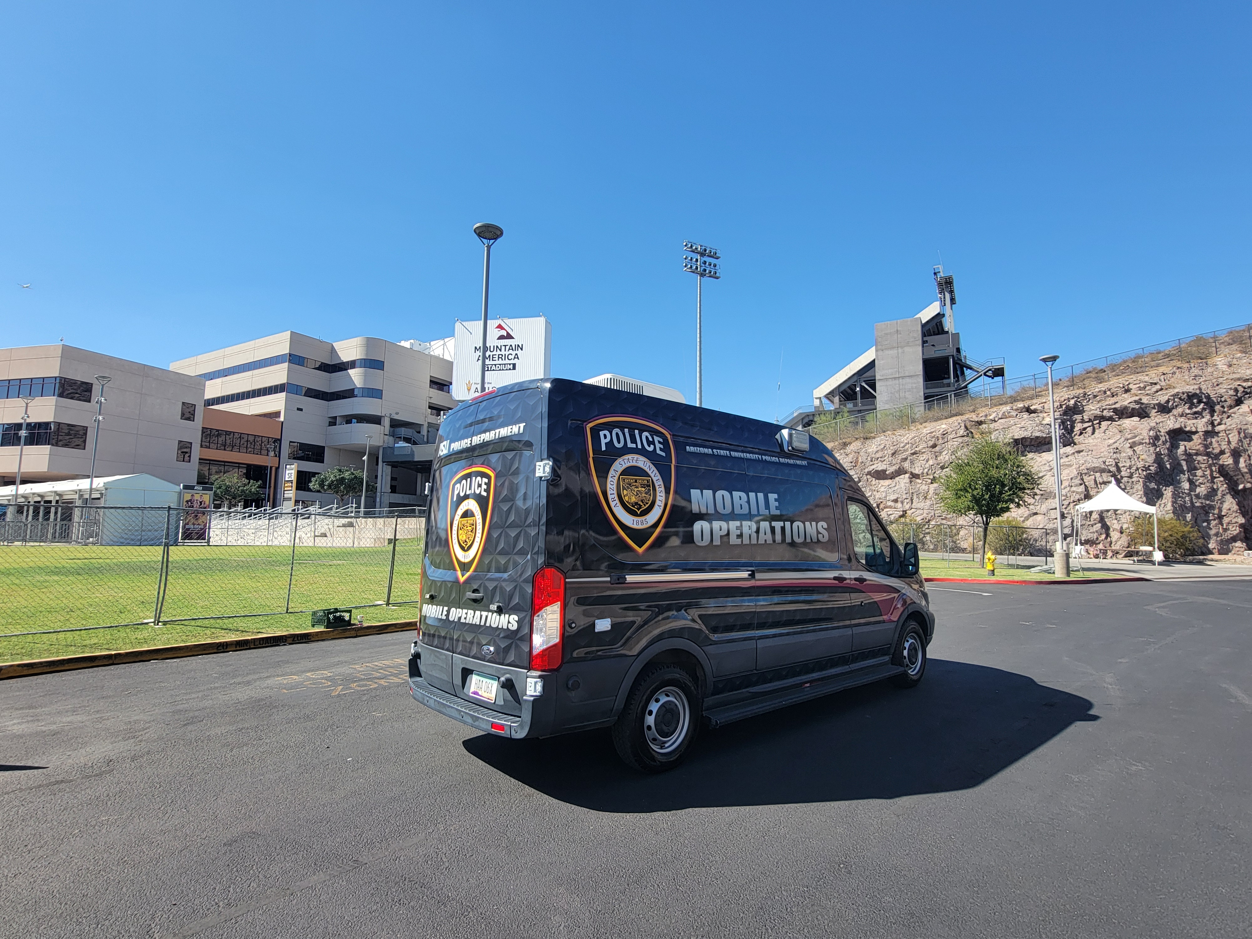 ASU Police Mobile Operations van in front of Mountain America Stadium