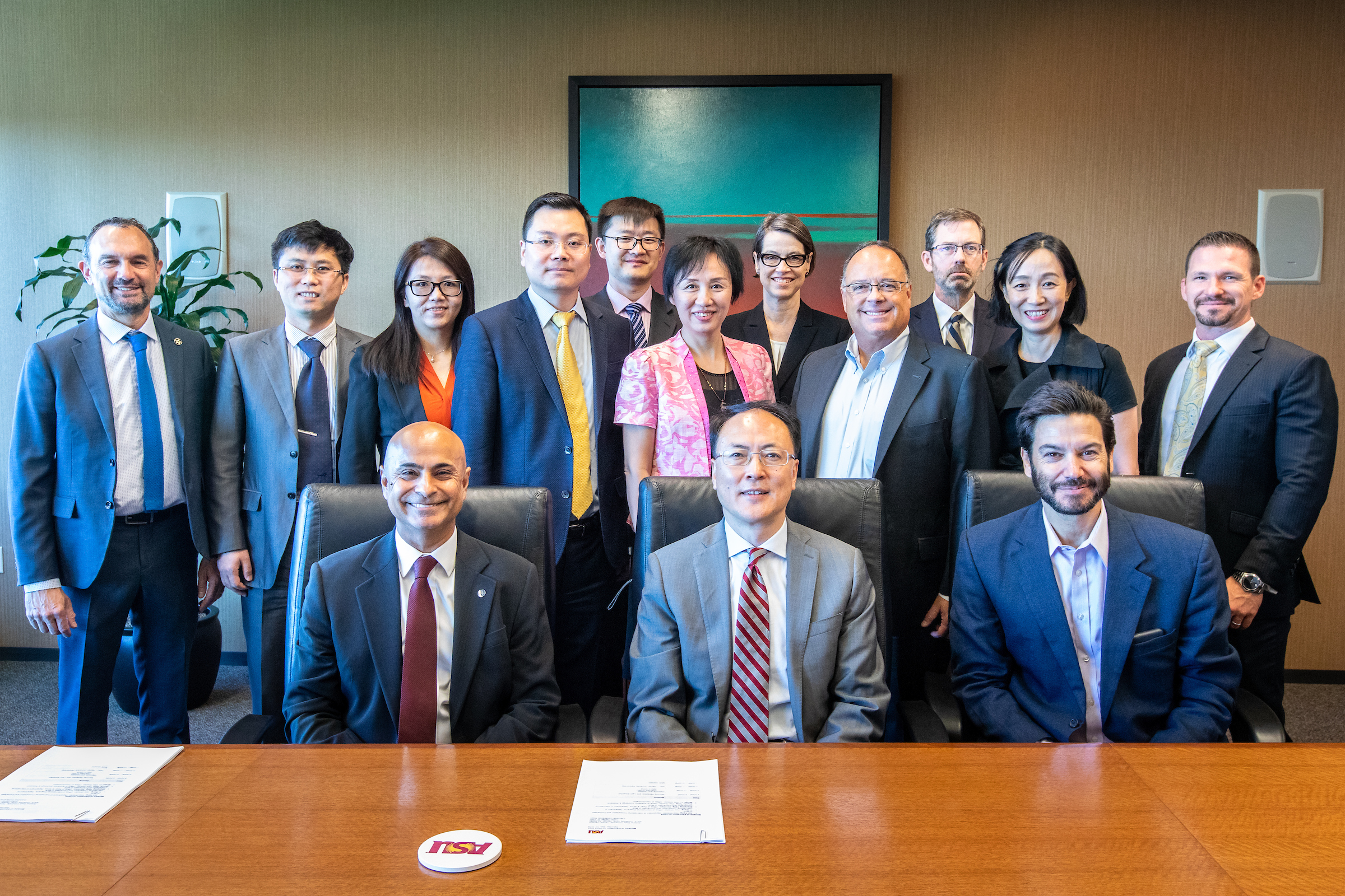 Delegates from the Ministry of Education of China and deans and administrators from ASU pose for a group picture before meeting on Saturday, May 25, 2019. The groups are looking at ways to broaden educational and research partnerships between the university and Chinese institutions. Front row, from left: Sanjeev Khagram, Jun Fang and Jonathan Koppell. Photo by Charlie Leight/ASU Now