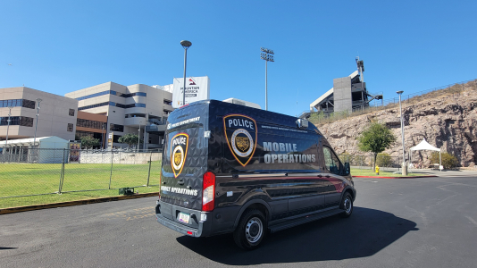 ASU Police Mobile Operations van in front of Mountain America Stadium