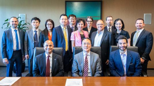 Delegates from the Ministry of Education of China and deans and administrators from ASU pose for a group picture before meeting on Saturday, May 25, 2019. The groups are looking at ways to broaden educational and research partnerships between the university and Chinese institutions. Front row, from left: Sanjeev Khagram, Jun Fang and Jonathan Koppell. Photo by Charlie Leight/ASU Now