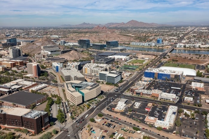 An aerial view of the Novus Innovation Corridor on the Tempe campus, looking north. 