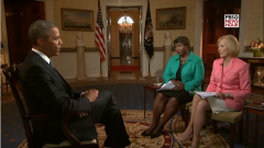 Co-anchors Judy Woodruff (right) and Gwen Ifill interview President Barack Obama in an Aug. 28, 2013, broadcast of "PBS Newshour."