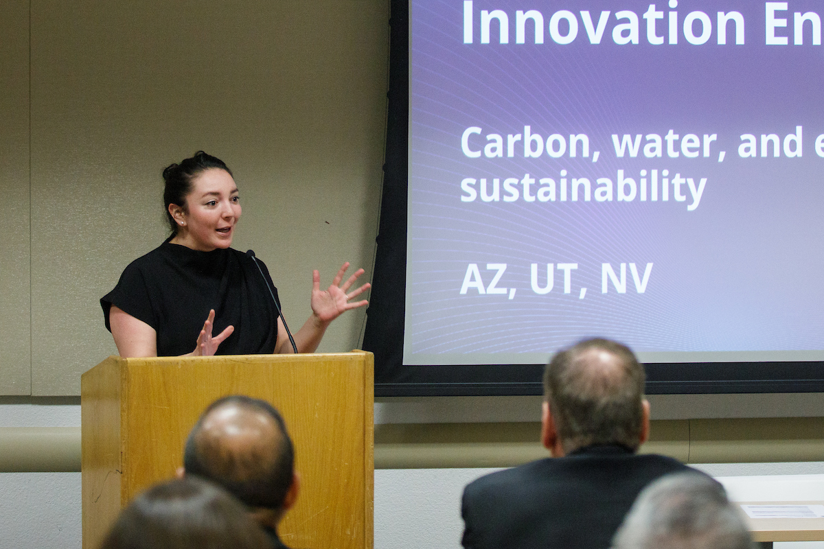 Justina Gallegos, deputy director for Industrial Innovation at the White House Office of Science and Technology Policy, speaks at an event for the Southwest Sustainability Innovation Engine at Intel’s Chandler campus on Monday, March 4, 2024, in Chandler, Arizona.