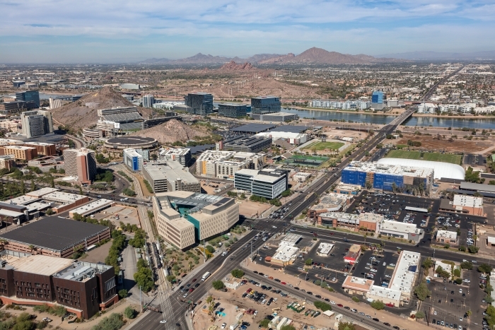 An aerial view of the Novus Innovation Corridor on the Tempe campus, looking north. 